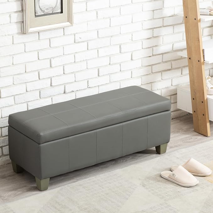 Grey Faux Leather Ottoman with Storage, Rectangular Extra Long Storage Bench - Image 7