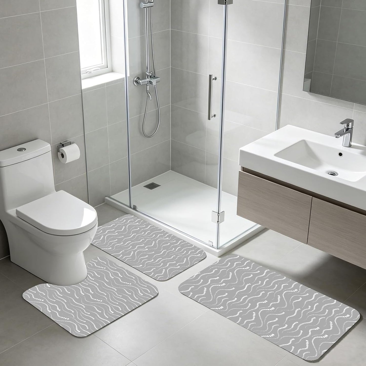 Bath Mat Set of 3, Grey and White Modern Soft & Super Absorbent Quick Dry Shower Mat,Non-Slip Rubber Backed Bottom, Thin Washable Bathroom Rug for Toilet, Tub, Sink, Restroom Decor