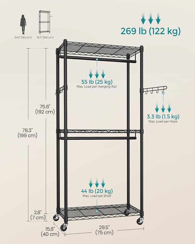 SONGMICS Heavy-Duty Rolling Clothes Rack, Garment Rack, Portable Closet - Image 6