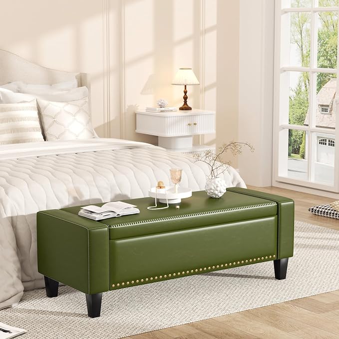48.8" Storage Ottoman Bench Green | Faux Leather Bedroom Bench by Akmakm