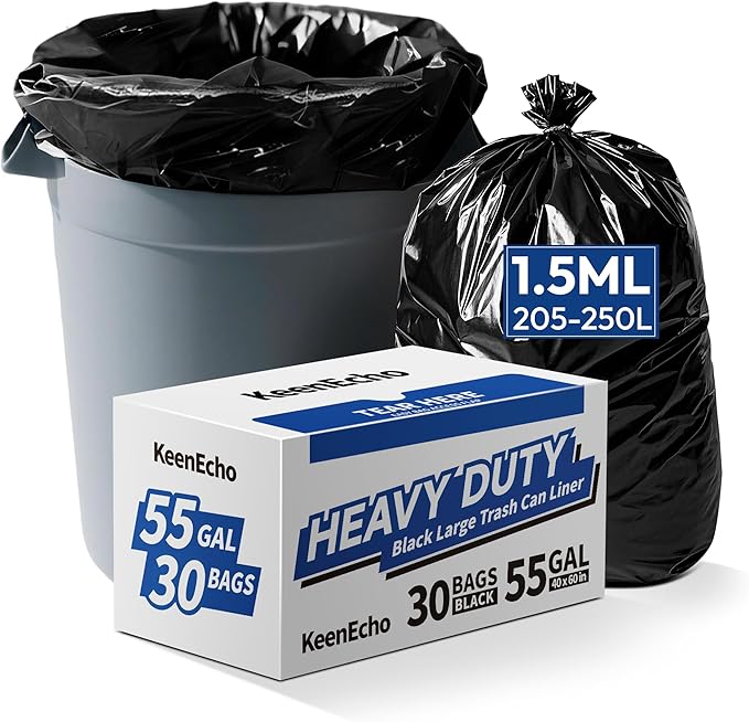 Heavy Duty Contractor Trash Bags 55-60 Gallon, 1.5Mil Extra Thick, Strong Black by KeenEcho