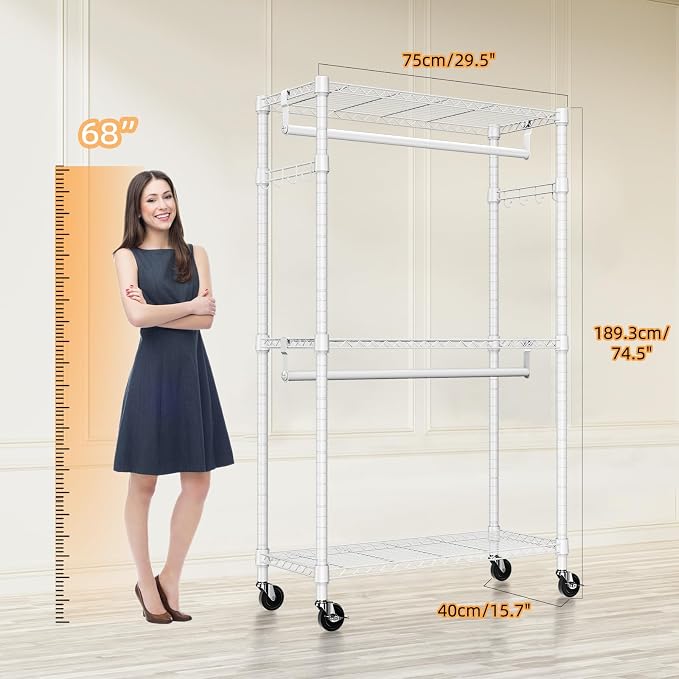 Heavy Duty Rolling Garment Rack 3 Tiers Adjustable Wire Shelving Clothes Rack - Image 8