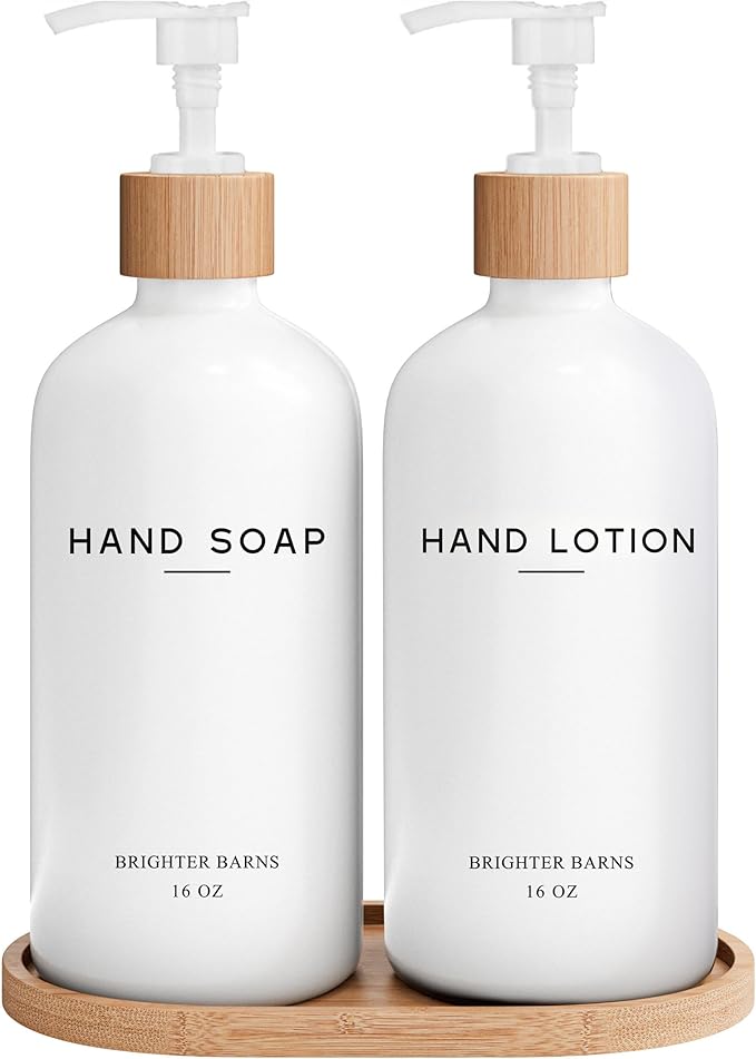 White Glass Soap and Lotion Dispenser Set by BrighterBarns
