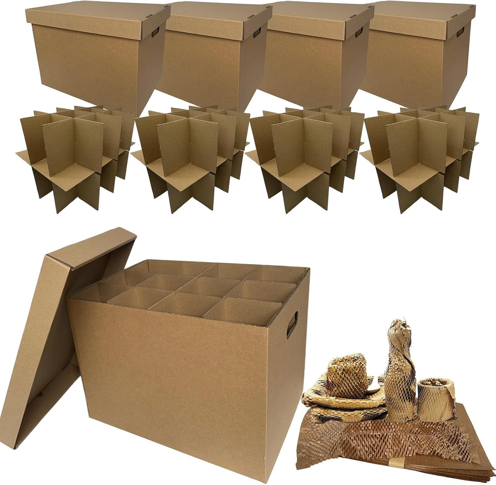 4 Sets Tape-Free Kitchen Moving Boxes 17x12x12" with 2-Layer Dividers