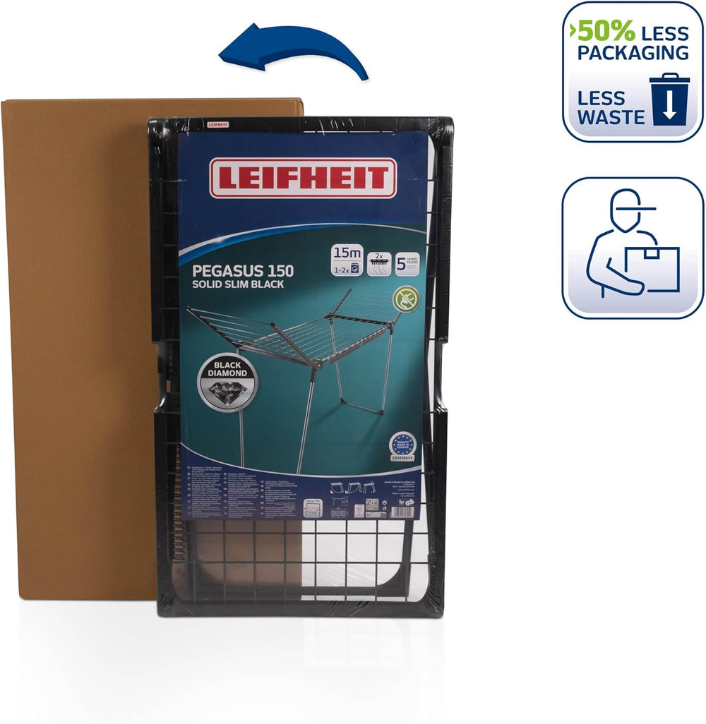 Leifheit Pegasus 150 Solid Slim Black Edition Clothes Airer, Stable Tumble Dr...
