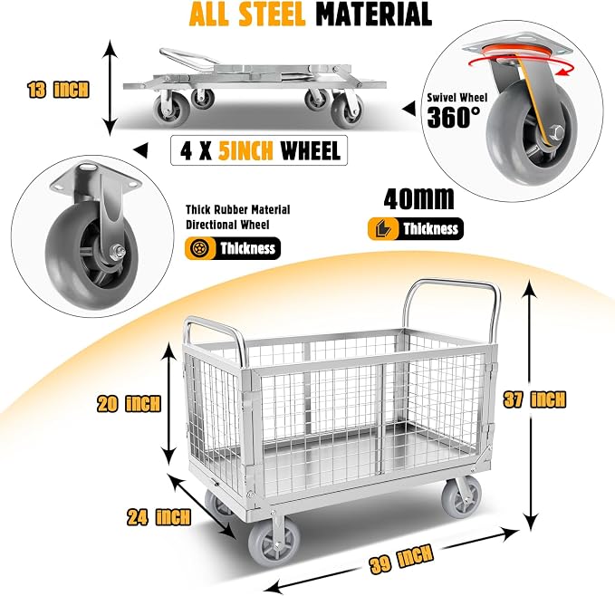 Platform Truck Cart with Cage, 6 in1 Foldable Flatbed Cart Heavy Duty Push Cart - Image 4