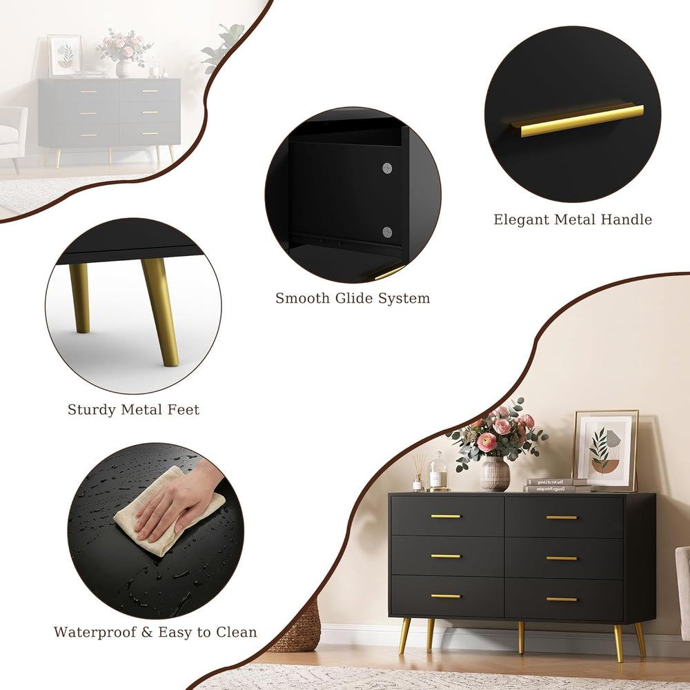 Black 6 Drawer Dresser for Bedroom, 47" Wood Dresser with Gold Handles.