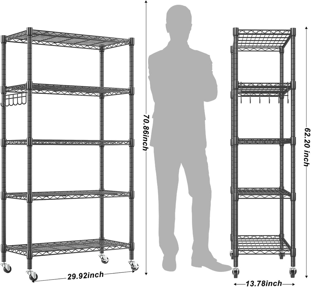 Homdox 5 Tier Metal Storage Shelves with Wheels, Heavy Duty Wire Shelving Uni...