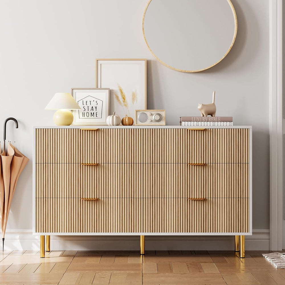 IDEALHOUSE Modern Natural 6 Drawer Dresser for Bedroom with Gold Handles