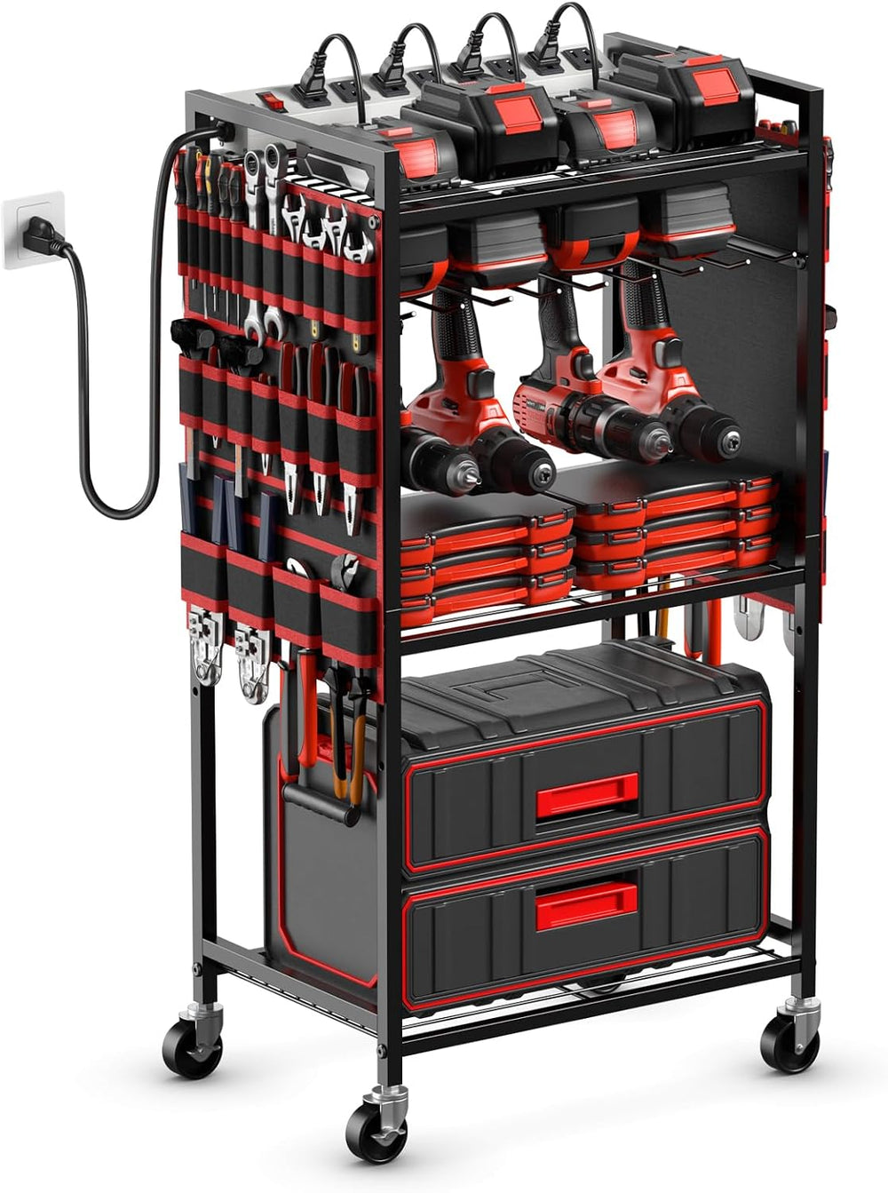 JUNNUJ Power Tool Organizer Cart with Charging Station, 6 FT Cord, Red
