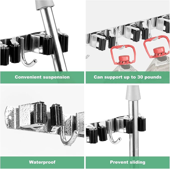 2Pcs 5 Racks 4 Hooks Stainless Steel Broom Mop Holder Anti Slip Wall Mount - Image 4