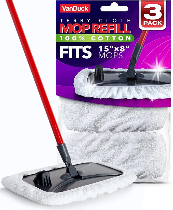VanDuck 100% Cotton Terry Mop Pads 15x8 Inches 3-Pack, Terry Cloth Mop Covers by VanDuck