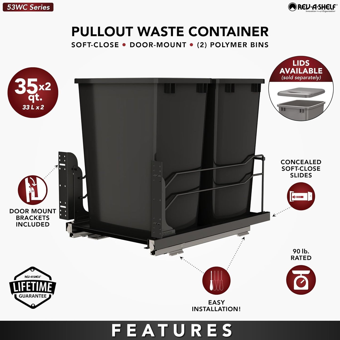 Rev-A-Shelf Double Pullout Trash Can w/Soft-Close Slides, 14.5" Min Opening | Large Capacity Garbage/ Recycling Bins for Full Height Kitchen Cabinets, Heavy Gauge Wire Construction, 53WC-1835SCDM-218