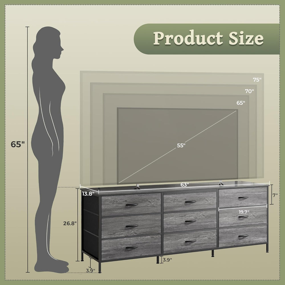 Huuger 63 Inch Dresser for Bedroom, Long Dresser for Closet with 9 Drawers, L...