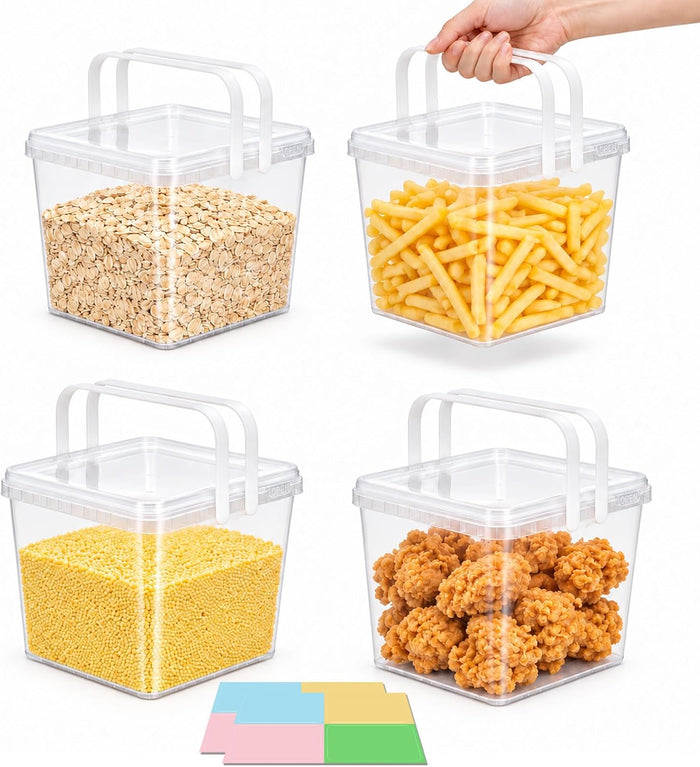DEMORA 4 Pack 1.3 Gallon Double Handles Buckets with Lids, Food Grade Stackable Plastic Buckets, BPA-Free Square Plastic Food Storage Containers for Rice, Flour, Sugar and Pantry Organization, Clear