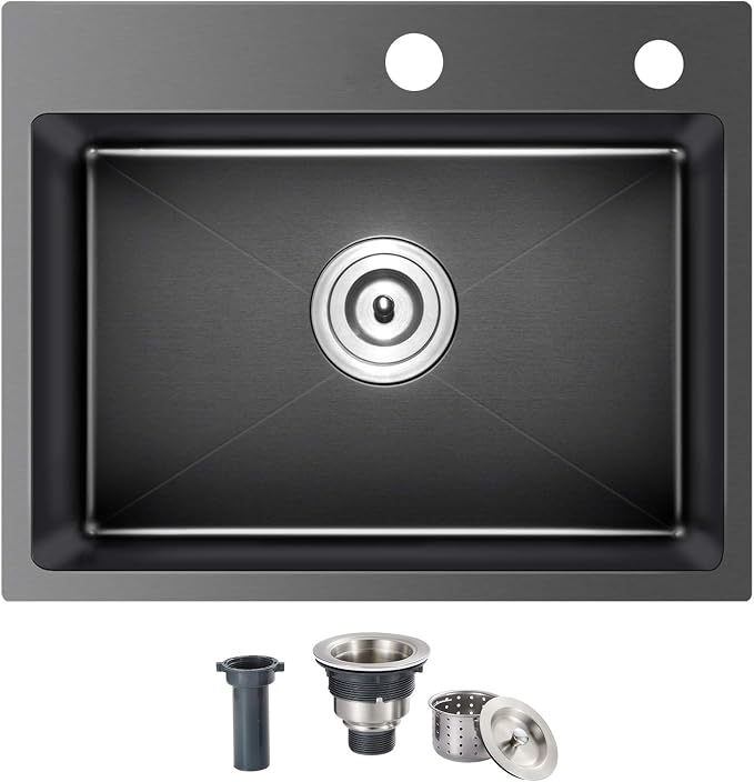 24x18x9 Inch Kitchen Sink, Handmade 304 Black Stainless Steel Single Bowl by OUGOO