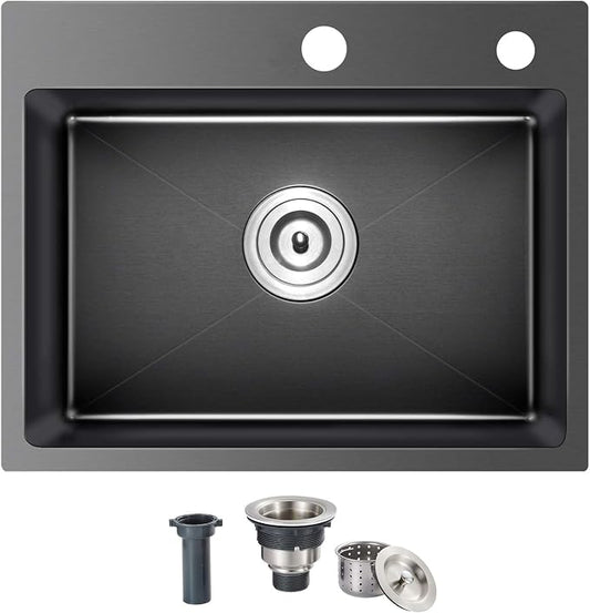 24x18x9 Inch Kitchen Sink, Handmade 304 Black Stainless Steel Single Bowl by OUGOO