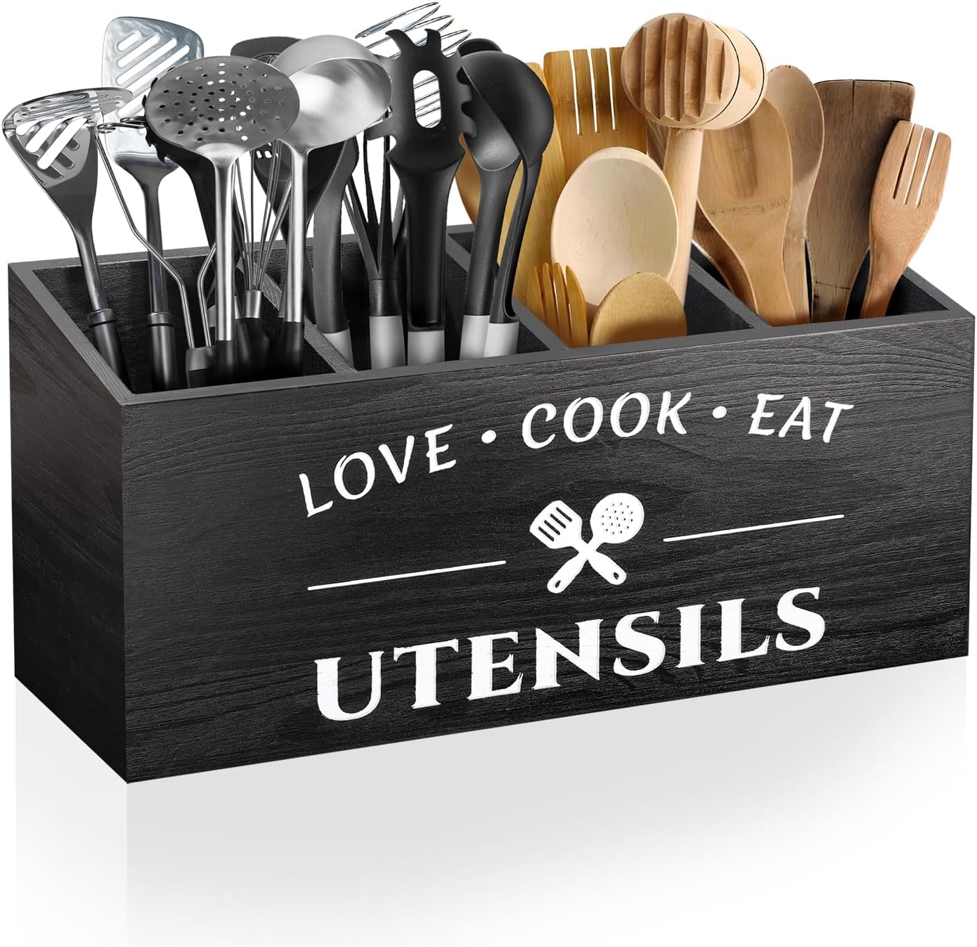 MINCORD Wooden Utensil Holder for Countertop | 4 Compartment Farmhouse Utensil Caddy & Flatware Organizer | Rustic Large Kitchen Wall Decor for Spoons, Forks, Parties