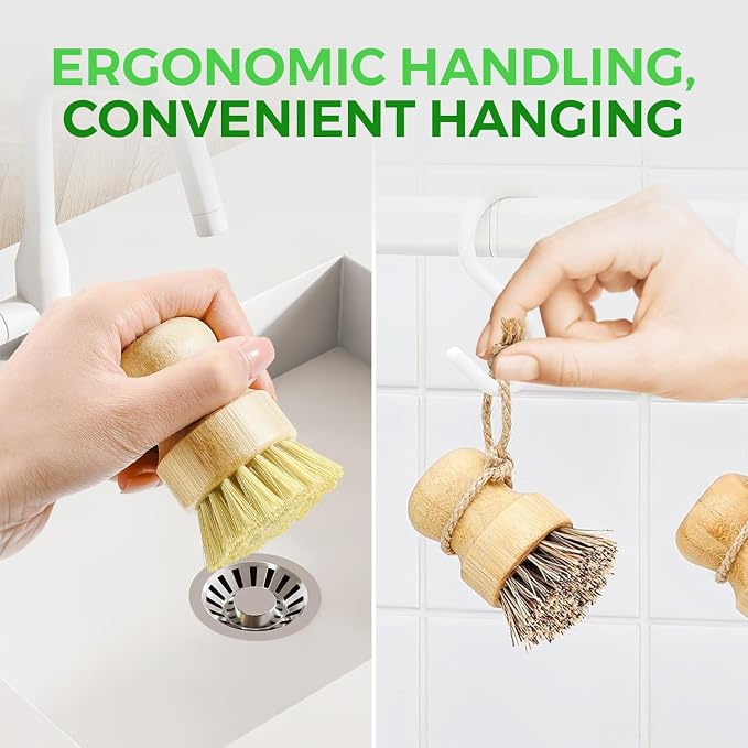 Bamboo Dish Brush Set of 3-100% Plastic Free Kitchen Scrubber - Image 6
