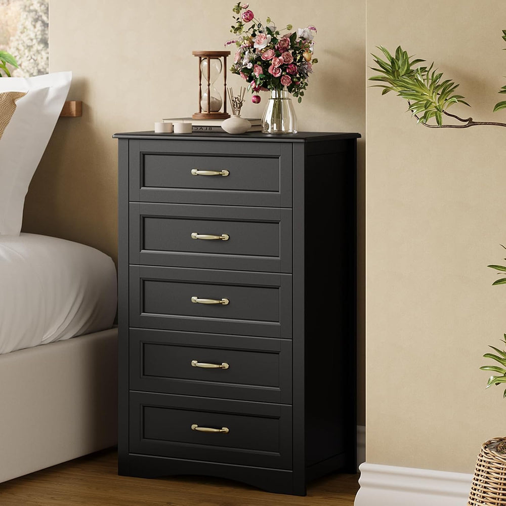 Gizoon 5 Drawer Dresser, Black Wood Chest of Drawers for Bedroom