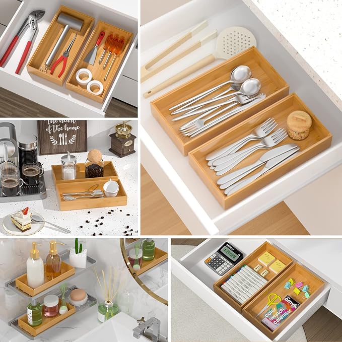 Silverware Tray for Drawer, Stackable Kitchen Bamboo Drawer Organizer 12" x 6" - Image 5