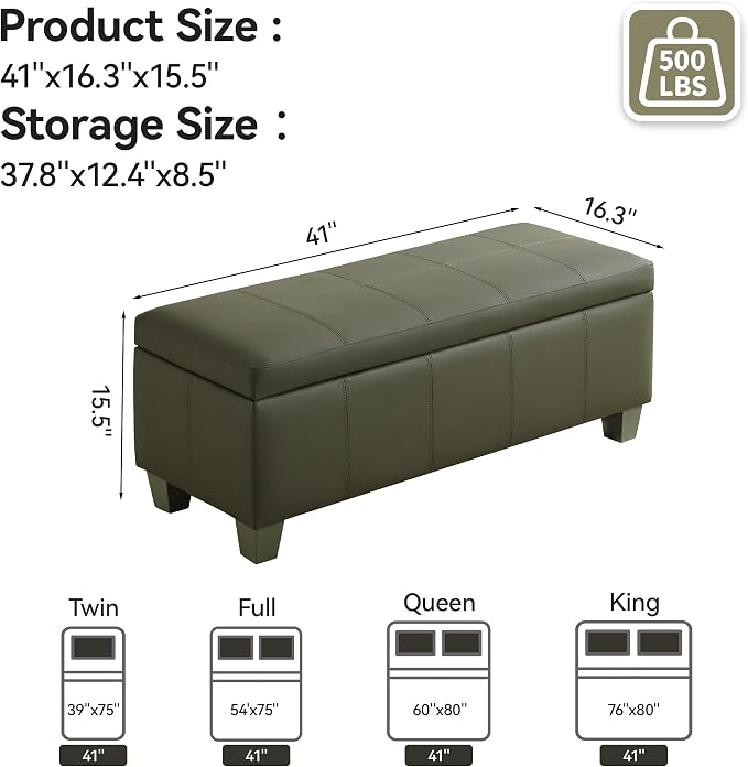 41" Faux Leather Storage Ottoman, Stitch Tufted Rectangle Upholstered End of - Image 2