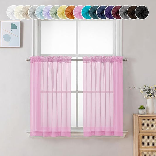 Chyhomenyc Sheer Pink Tier Curtains 24 Inch Length, Small Window Curtains by Chyhomenyc