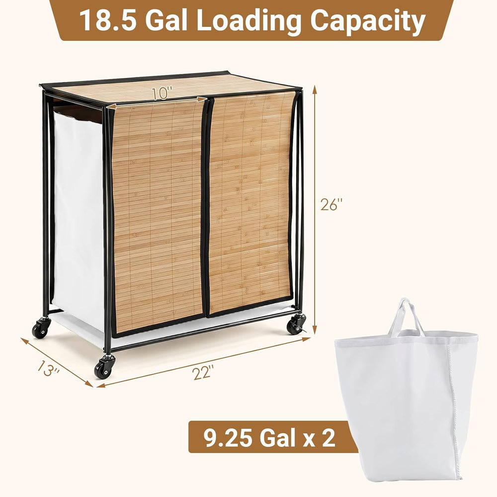 GOFLAME Bamboo Laundry hamper with Lid, 2-Section Rolling Laundry Basket with...