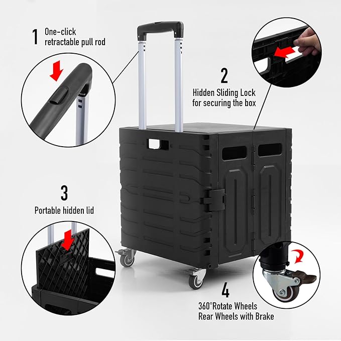 Folding Utility Cart Black Portable Rolling Crate Handcart Foldable Shopping - Image 3