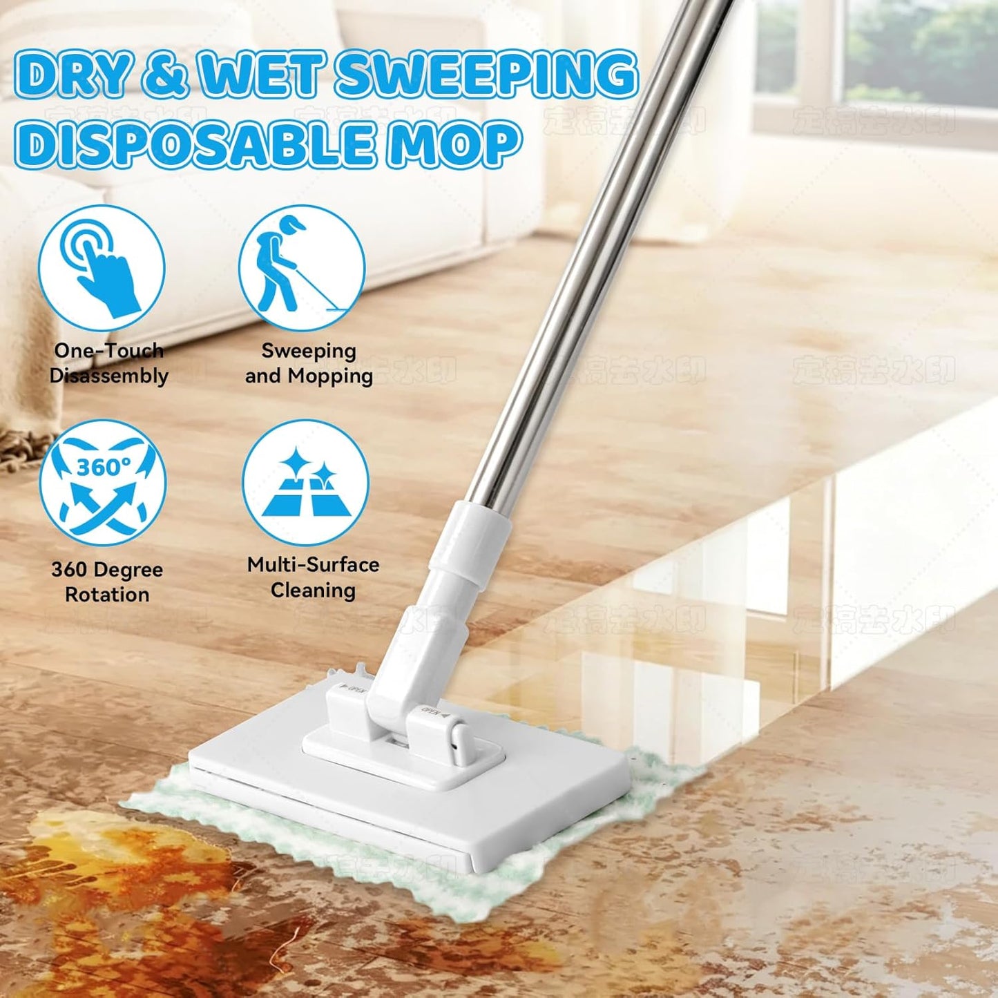 Upgraded Zero Touch Snap Grip Mini Mop, Hands Free Push Pull Handle, Easy Cloth Change Portable Cleaner for Kitchen Bathroom Car, 1 Mop & 10 Reusable Washable Cloths