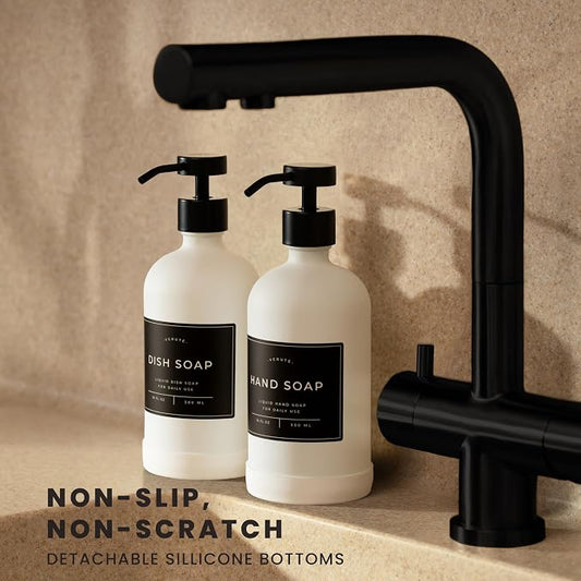 16oz Glass Soap Dispenser with Stainless Steel Pump, 21 Waterproof Labels - Image 2