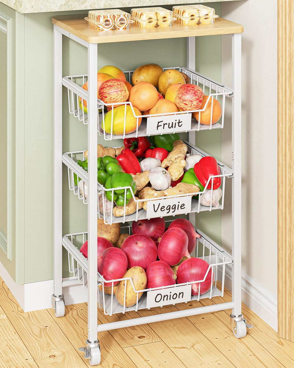 Giwil 4-Tier Fruit Vegetable Storage Cart Rolling Kitchen Cart with Drawer