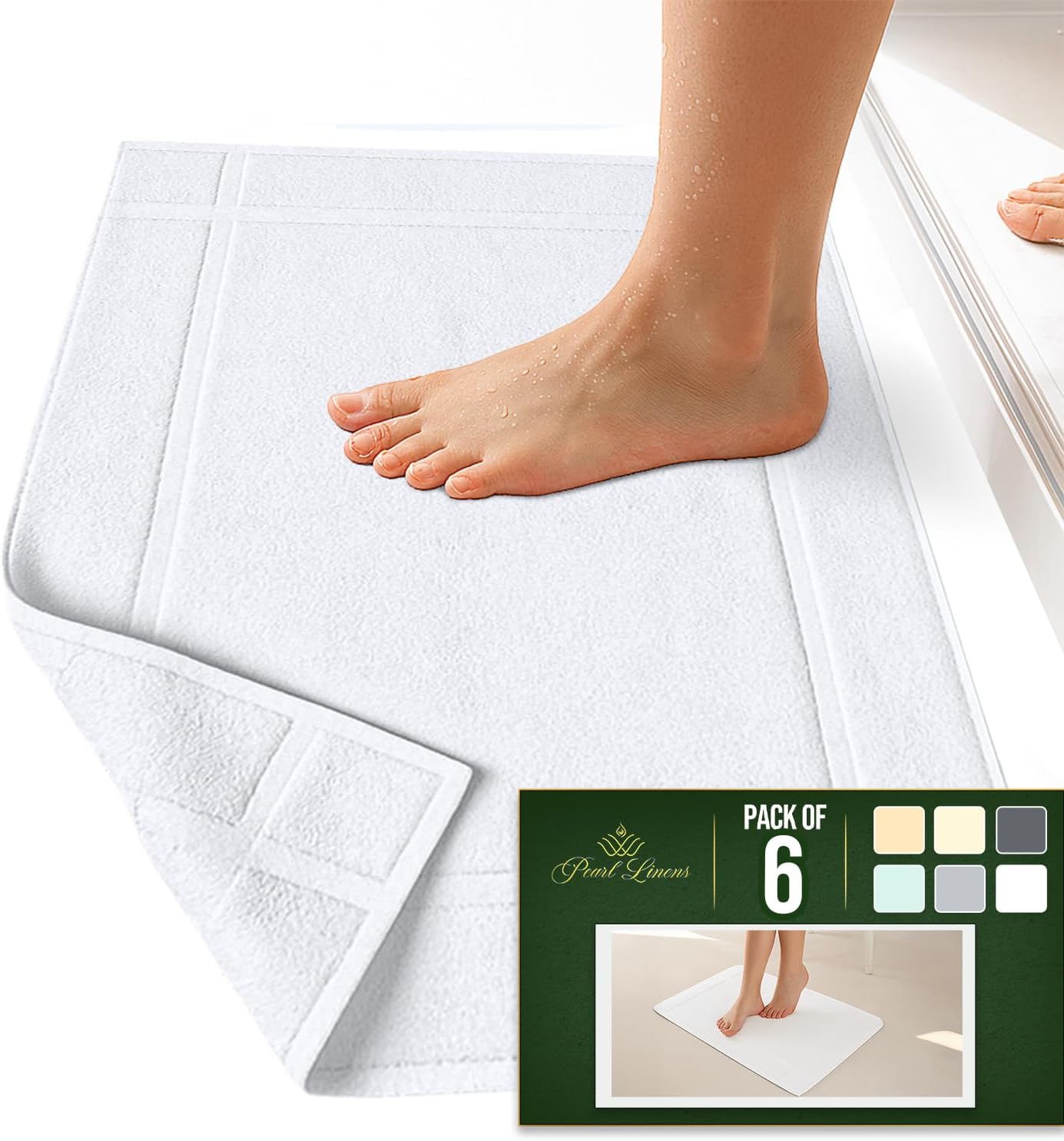 Pearl Linens Pack of 6 100% Cotton Bath Mat Towels, 20x30 inches, Soft & Absorbent Floor Towels for Bathroom, Not Bathroom Rugs, After Shower Mat, 687 GSM, Machine Washable, Airbnb Essentials, White