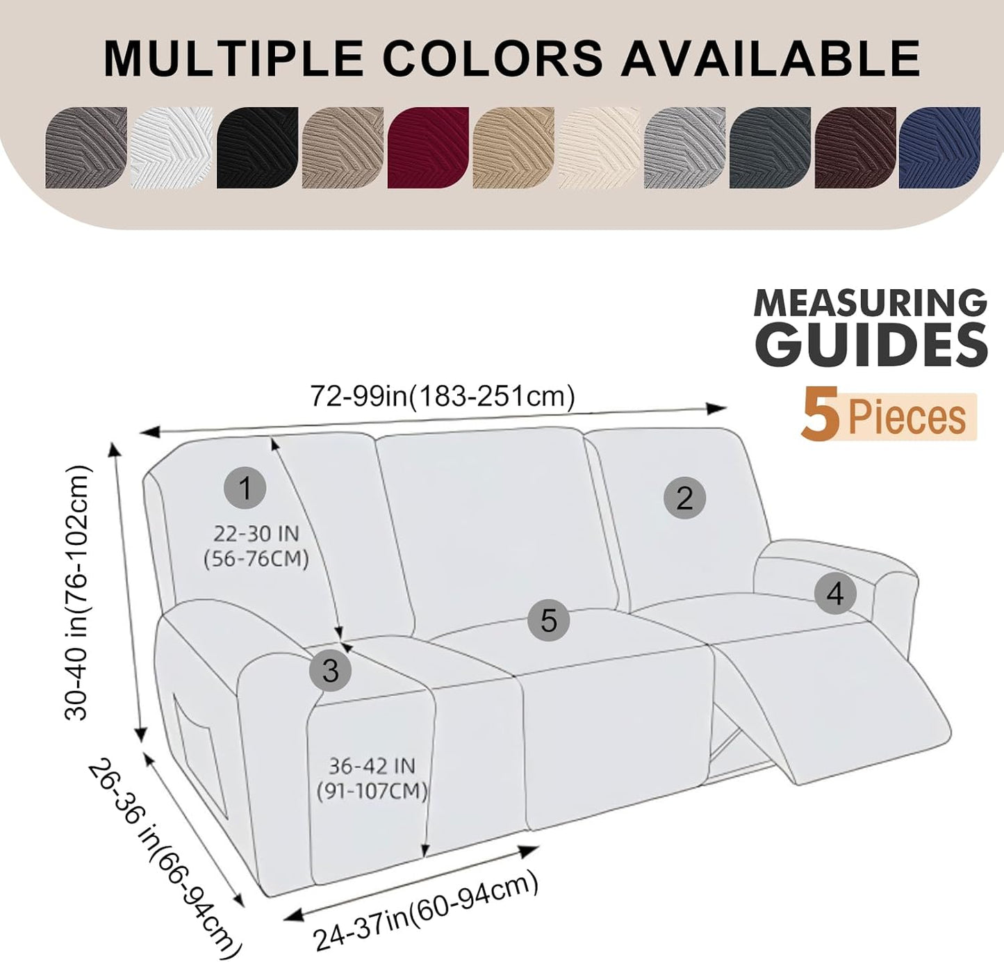 5-Piece Recliner Sofa Covers,Stretch Geometric Strokes Jacquard Recliner Sofa Slipcovers,Seamless Furniture Protector with Pocket,Soft Breathable Couch Cover,3 Seater Chocolate
