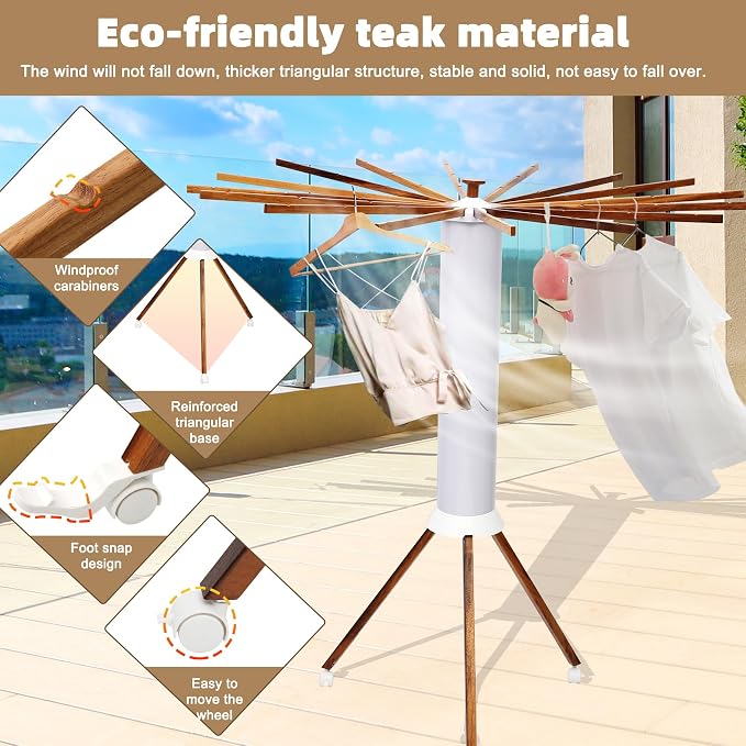 Portable Teak Tripod Clothes Drying Rack, Foldable Space-Saving Design - Image 2