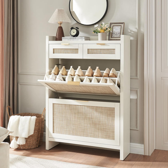 HOKYHOKY Rattan Shoe Storage Cabinet with 2 Drawers & 2 Flip Drawers