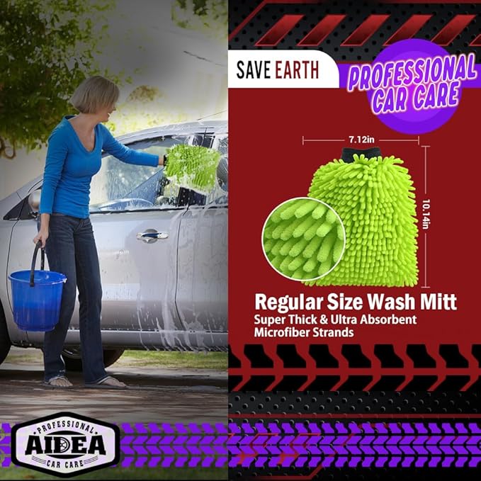 AIDEA Car Wash Mitt Microfiber, 2PK Scratch Free Lint-Free, Premium Chenille - Image 2