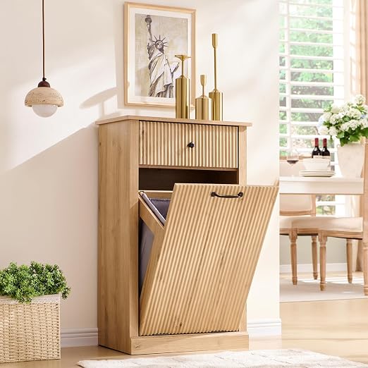 Modern Tilt-Out Trash Can Cabinet, 10 Gallon Fluted Laundry Hamper Cabinet by IFGETEnrichYourLivingSpace