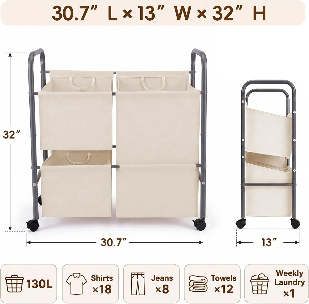 130L Laundry Hamper with Wheels, 3 Section Laundry Sorter Cart with Removable...