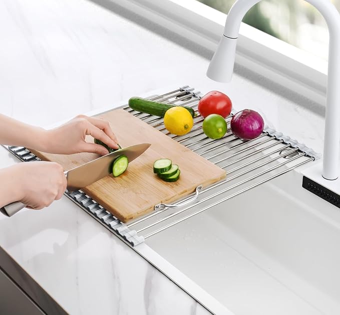 Tomorotec Stainless Steel Roll-Up Dish Drying Rack Marble Color Silicone Edges - Image 8