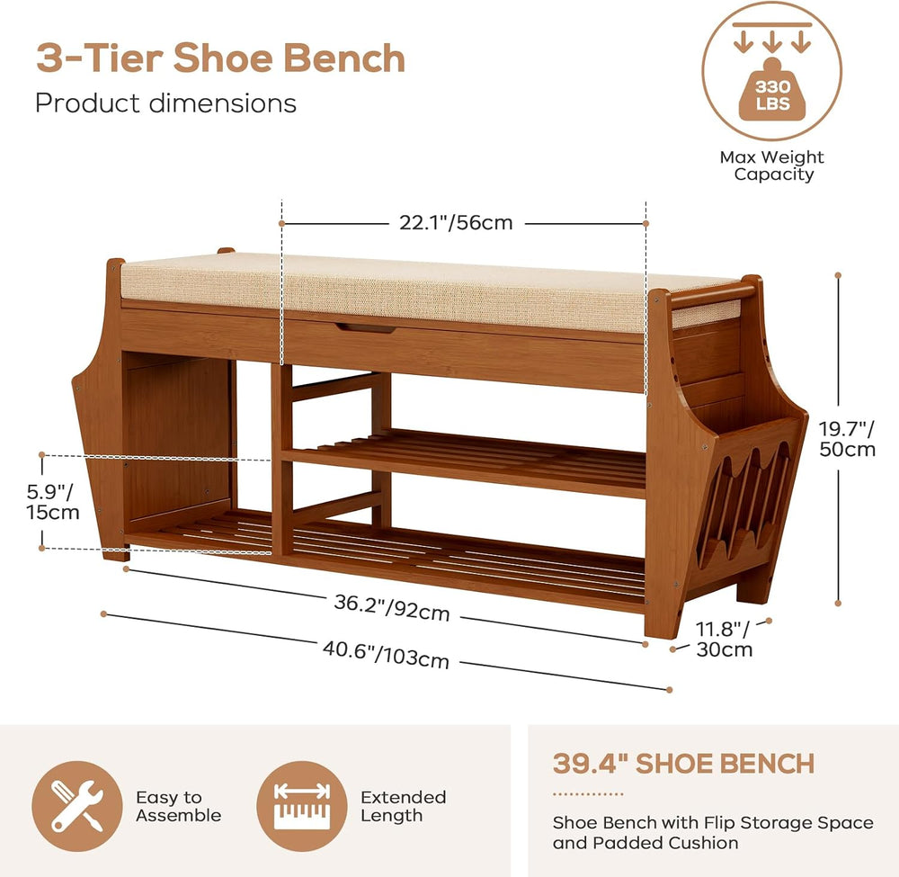 39.4in Shoe Bench with 2 Holder, 3 Tier Bamboo Entryway Bench with Storage
