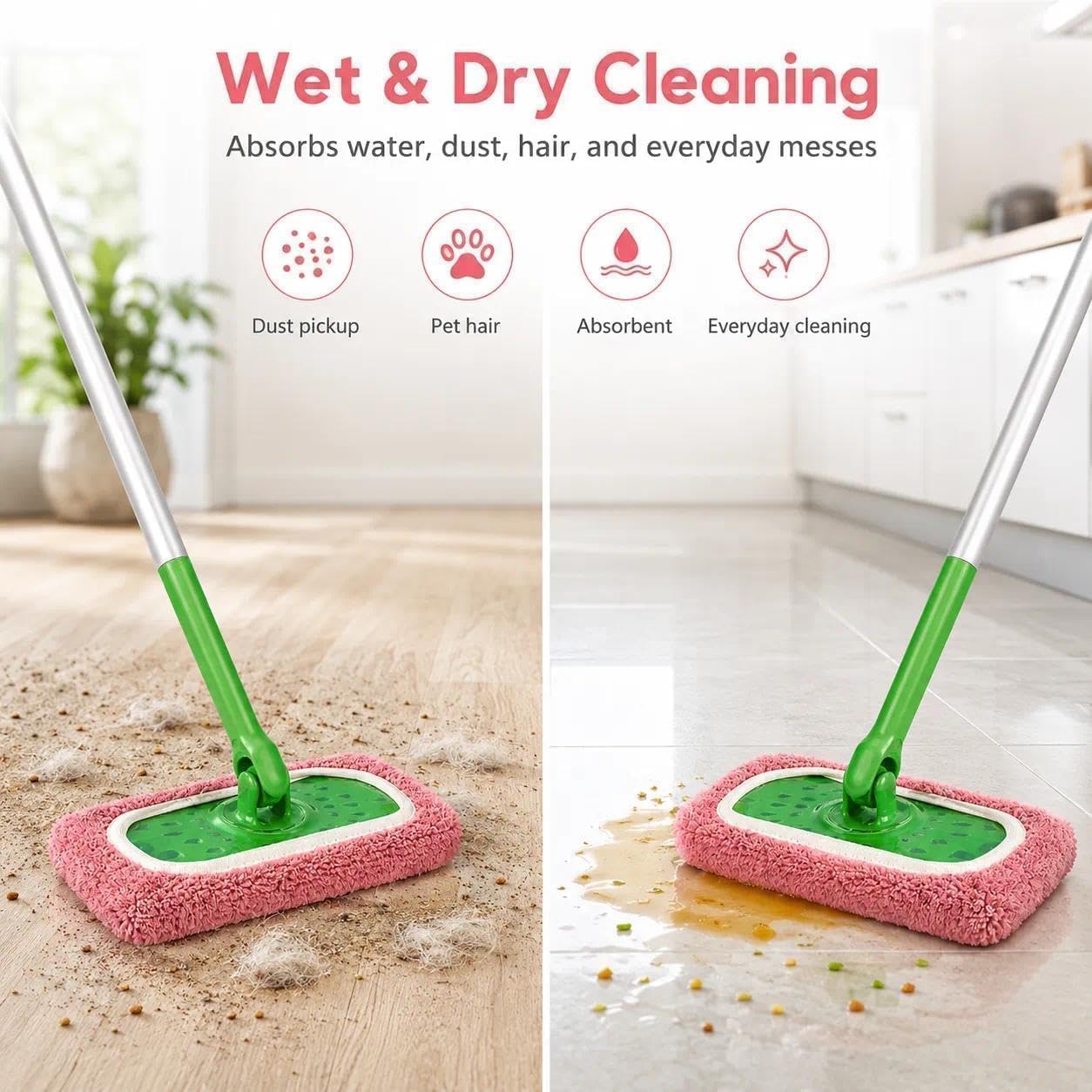 4PC Reusable Microfiber Mop Pads for Swiffer Sweeper, Washable Coral Fleece Floor Cleaning Replacement, Dual-Sided Wet & Dry Mop Cloths for Hardwood, Tile, Laminate & Pet Hair