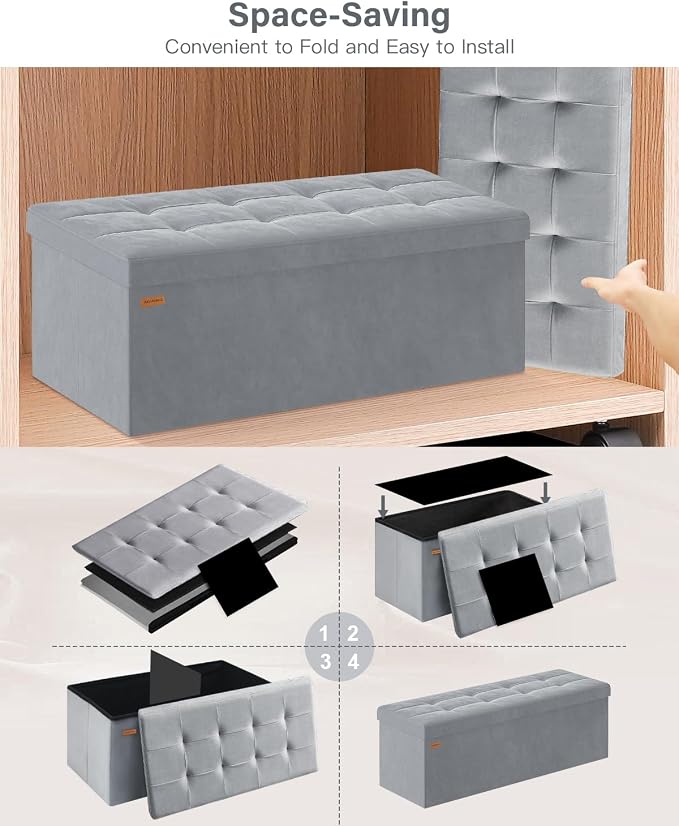 Folding Storage Ottoman, Velvet Storage Bench, Removable Divider, - Image 7