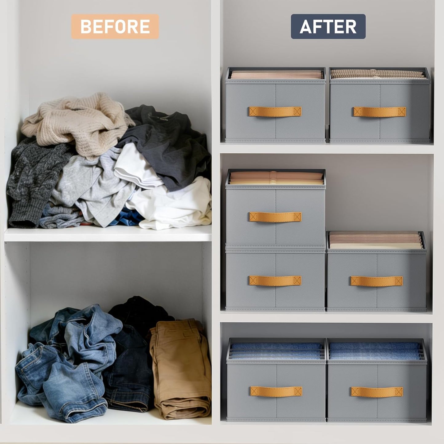 DIMJ Wardrobe Clothes Organizer - 4/5/7 Grids Foldable Closet Drawer Organizer Dividers for Jeans, Pants, Sweater, T Shirt, Storage Bins with Handles for Shelf