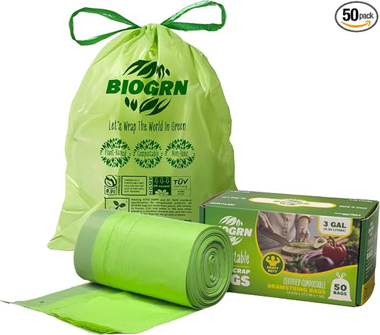 2.6-3 Gallon Compostable Trash Bags Drawstring 50 Bags Extra Thick 1 Mil 11.36 by BIOGRN