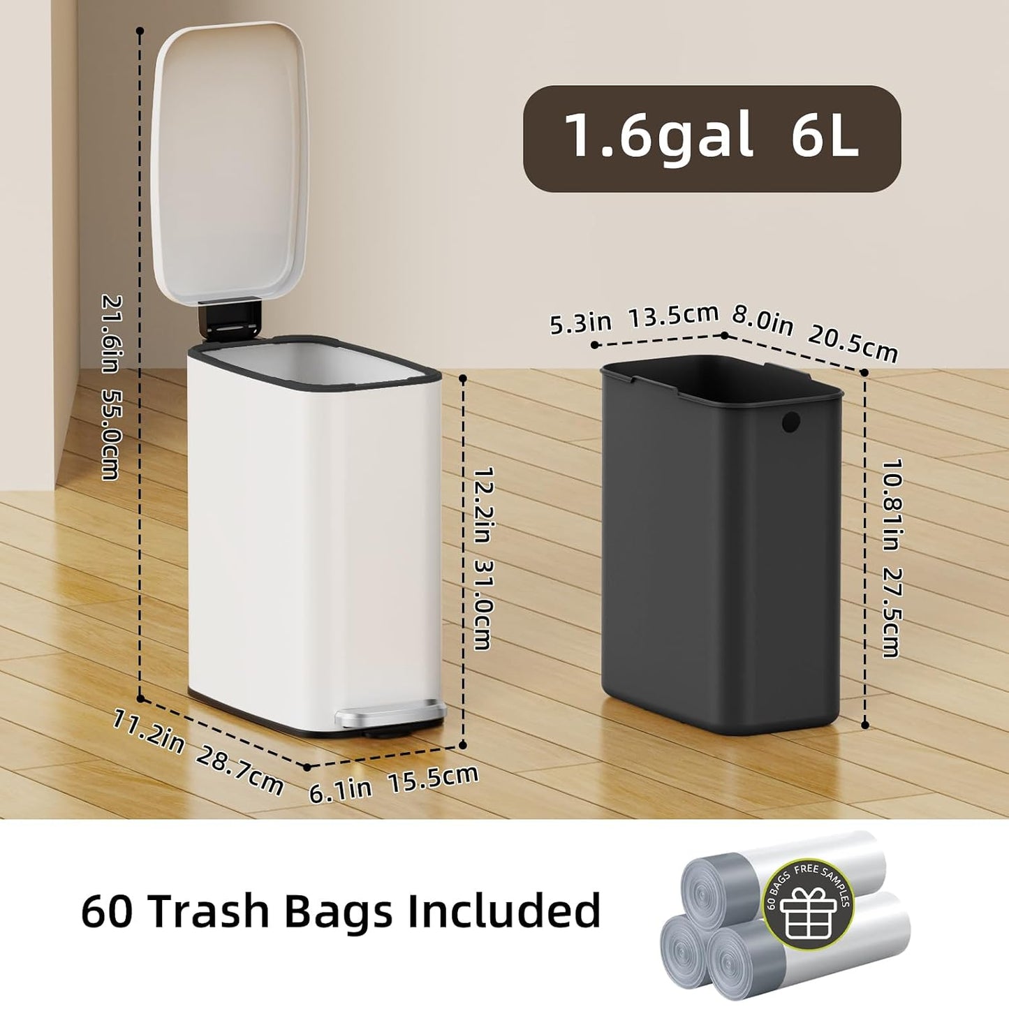 KSSKSS Small Bathroom Trash Can with Lid Soft Close, Step Pedal, 6L / 1.6 Gal Stainless Steel Garbage Bin with Removable Inner Bucket, Slim Wastebasket for Narrow Spaces (White)