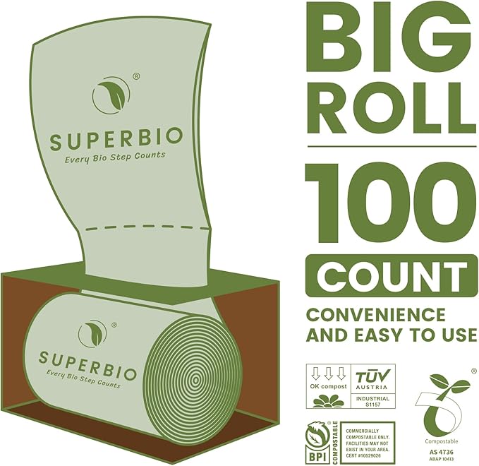 SUPERBIO 2.6 Gallon Flat Top Compostable Food Waste Bags, 2 Pack, Food Scrap - Image 5