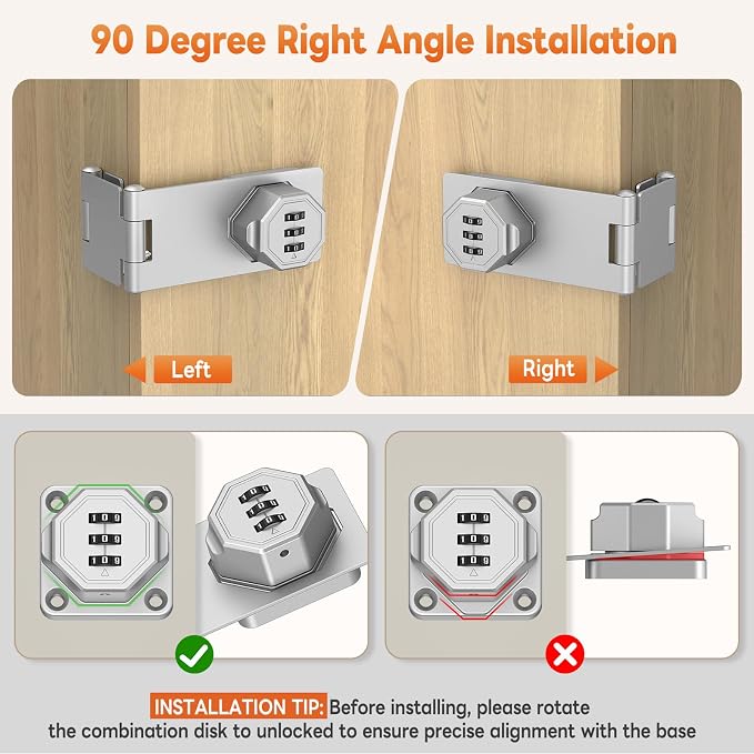 90 Degree 3-Digit Combination Cabinet Lock, Zinc Alloy Keyless Folding Hasp - Image 3