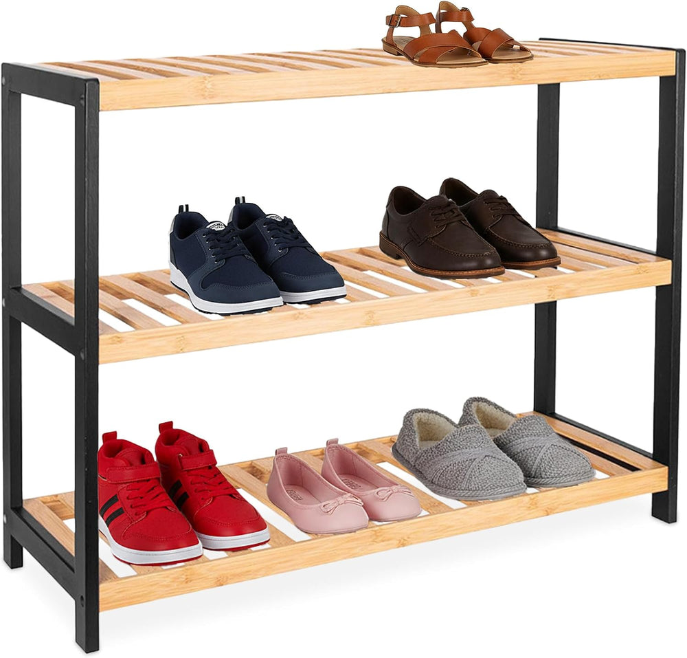 Relaxdays Shoe Rack, H 55 x W 70 x D 26 cm, Bamboo, 3 Levels, 9 Pairs of Shoe...