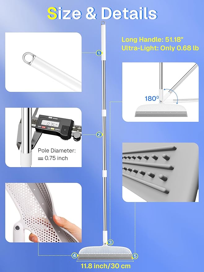 Floor Squeegee & Broom with Long Handle, 180° Rotating Head Silicone Blade - Image 2
